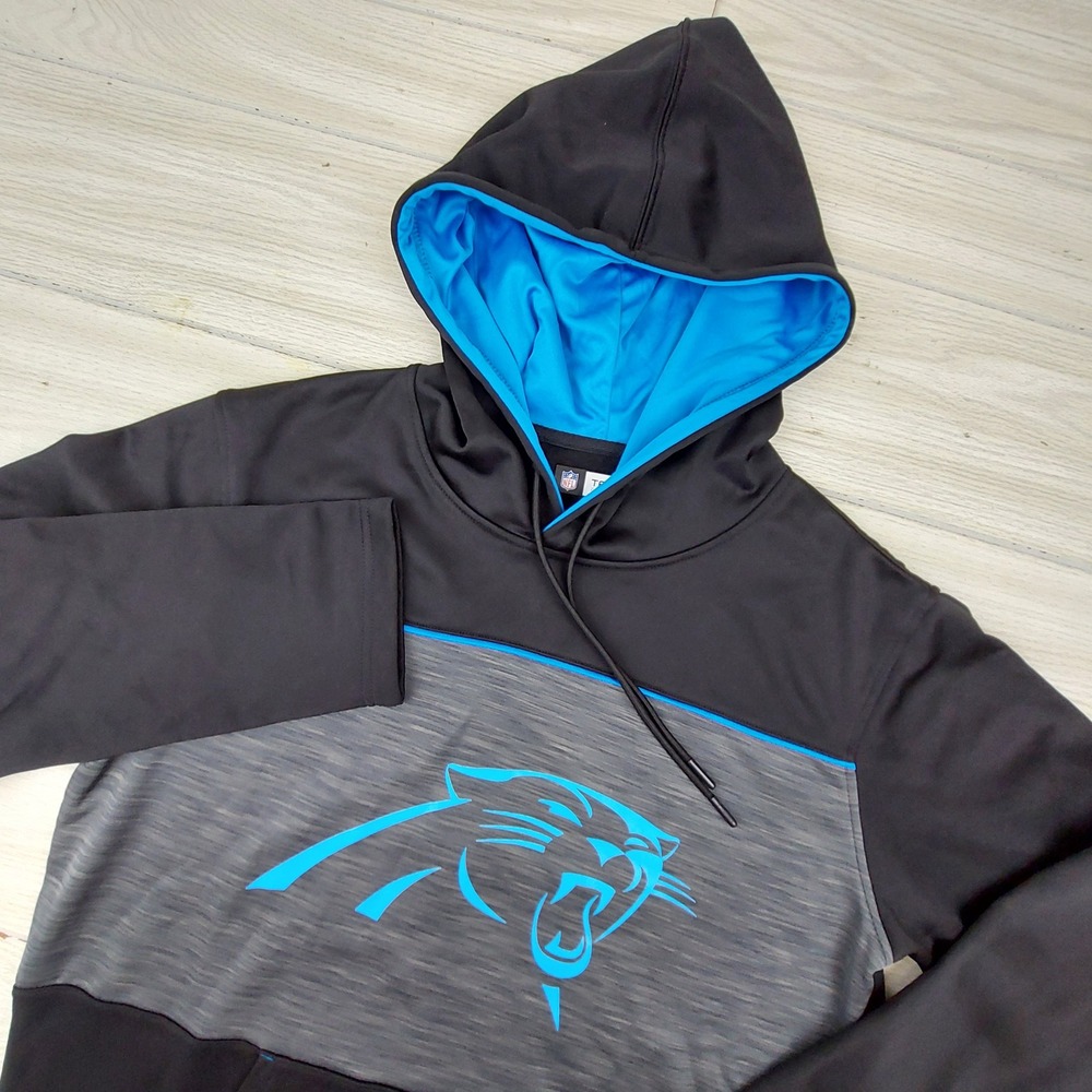 NFL Team Apparel Carolina Panthers Hoodie Mens Medium Black Grey Blue Pullover